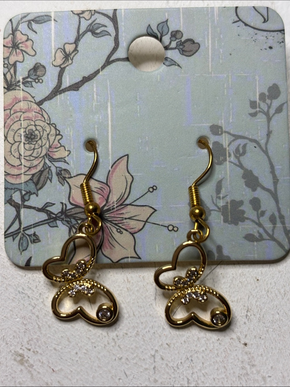 Gold Tone Butterfly Dangle Earrings with Rhinestone Accents